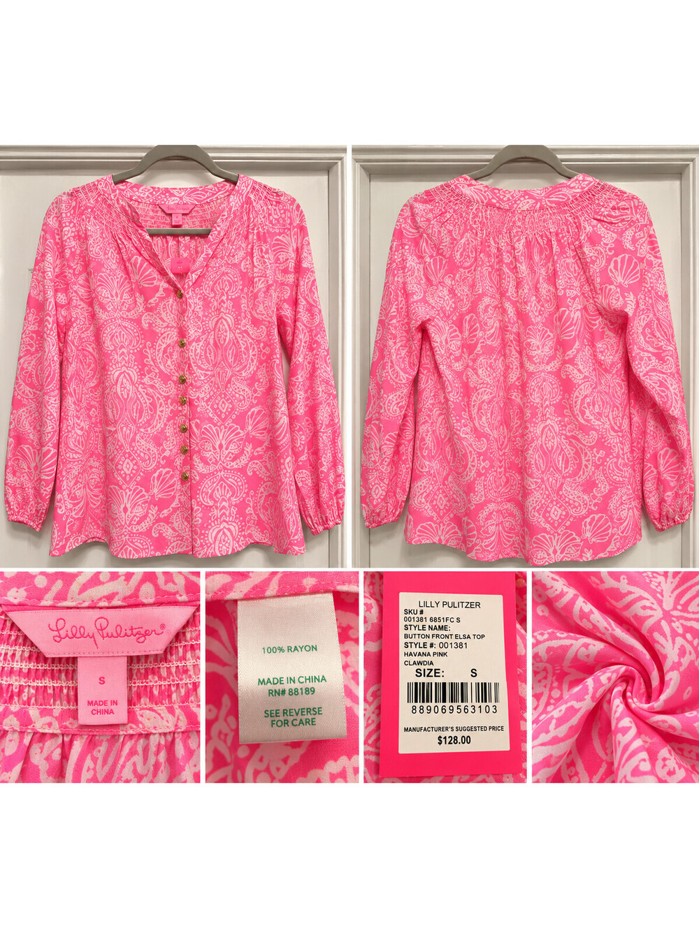 Lilly Pulitzer Elsa Button Front Top Shirt Blouse Havana Pink Clawdia NWT SMALL